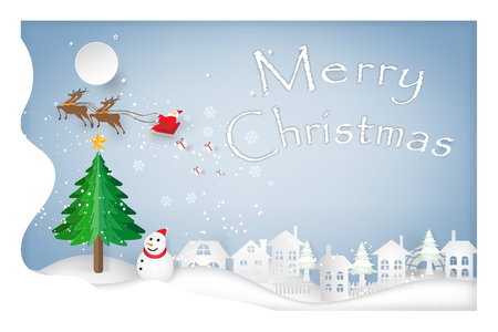 Santa Claus on Sleigh, Reindeer and Snowman on snowflakes, merry christmas in the winter and happy new year 2018 background as holiday and x'mas day concept. vector paper art and craft style.のイラスト素材