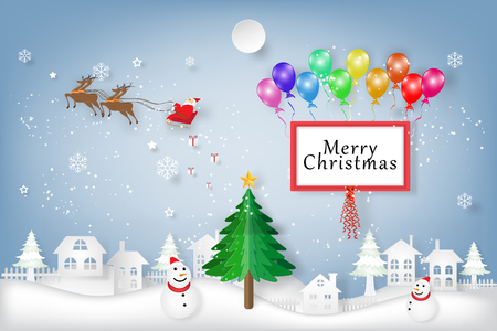 Santa Claus on Sleigh and Reindeer over Snowman on snowflakes and merry christmas background as holiday concept. vector illustration.のイラスト素材