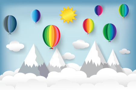 Colorful balloons on the hill mountain with clouds and blue sky travel background as freedom, paper art and craft style concept. vector illustration.のイラスト素材