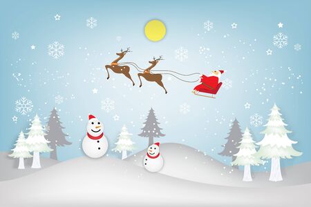 Santa Claus on Sleigh, Reindeer, x'mas tree and Snowman on snowflakes in the winter background with merry christmas text as holiday, x'mas day and paper art and craft style concept. vector illustration.のイラスト素材