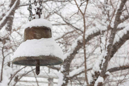 old bell on the tree with snow in the winter