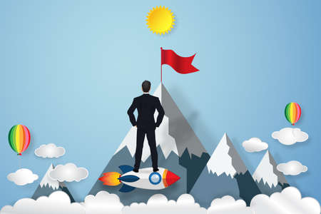 Businessman on the rocket launch and looking the red goal flag on peak mountain in the blue sky and clouds background as business, target, paper art and craft style concept. vector illustration.のイラスト素材