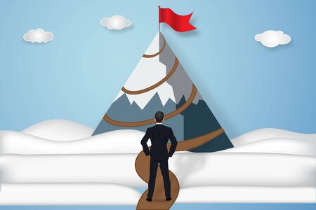 Businessman looking the red goal flag on peak mountain in the blue sky and clouds background as business, target, paper art and craft style concept. vector illustration.のイラスト素材