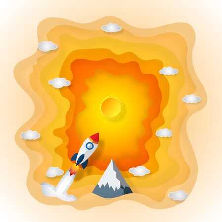 Origami layer sky space of mountain, rocket launch flying, sunny and clouds in the hot weather as paper art, craft style and start up concept. vector illustrator.のイラスト素材