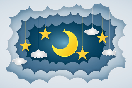 Origami layer skyscape of half moon, clouds and stars in the night as paper art and craft style concept. vector illustrator.のイラスト素材