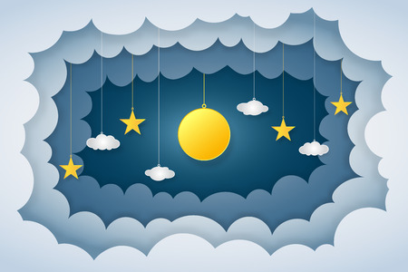 Origami layer skyscape of full moon, clouds and stars in the night as paper art and craft style concept. vector illustrator.のイラスト素材