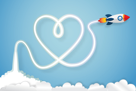 Heart exhaust smoke of Rocket launch on clouds and blue sky as paper art, craft style, love and valentine's day concept.のイラスト素材