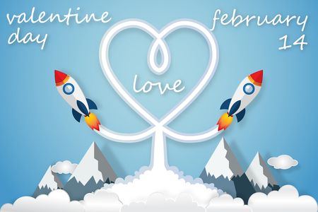 Heart exhaust smoke of Rocket launch on clouds and blue sky as paper art, craft style, love and valentine's day concept.のイラスト素材