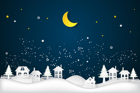 Countryside in the dark night and big half moon as as paper art and craft style concept. vector illustration.のイラスト素材