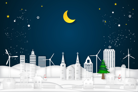 Cityscape in the dark night and half moon as as paper art and craft style concept. vector illustration.のイラスト素材