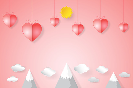 The love text with pink hot air balloon, sunny on blue sky as heart valentine's day, wedding and paper art concept. vector illustration.のイラスト素材
