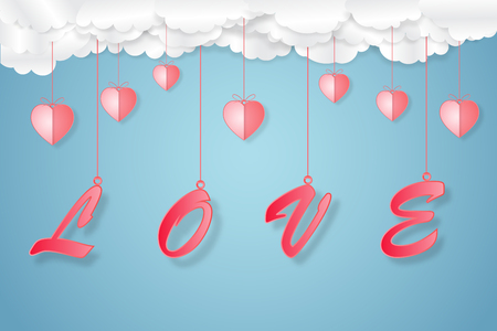 Origami made for love text and heart on blue sky background as paper art, craft style and valentine's day concept. vector illustrator.のイラスト素材