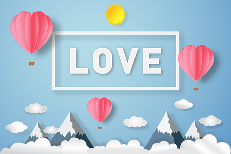 Pink heart and love text on blue sky and clouds background as paper art, craft style and happy valentine's day, February 14 concept. vector illustrator.のイラスト素材