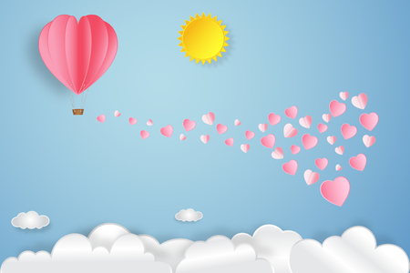 Pink heart and love text on blue sky and clouds background as paper art, craft style and happy valentine's day, February 14 concept. vector illustrator.のイラスト素材