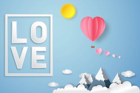 Pink heart and love text on blue sky and clouds background as paper art, craft style and happy valentine's day, February 14 concept. vector illustrator.のイラスト素材