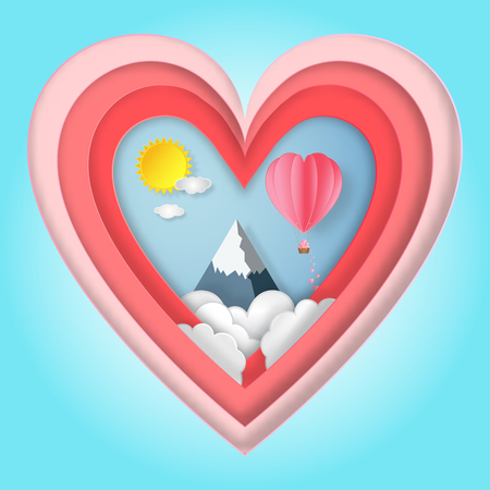 Origami design of pink heart and love text on blue sky and clouds background as paper art.のイラスト素材
