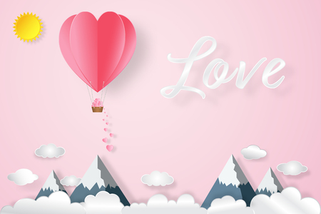The hot air heart balloon on pink sky as love. Vector illustration.のイラスト素材