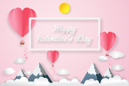 The hot air heart balloon on pink sky as love. Vector illustration.のイラスト素材