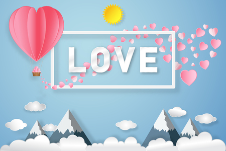 The hot air balloon and pink heart. Vector illustration.のイラスト素材