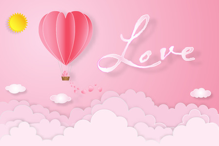 The hot air heart balloon on pink sky as love. Vector illustration.のイラスト素材