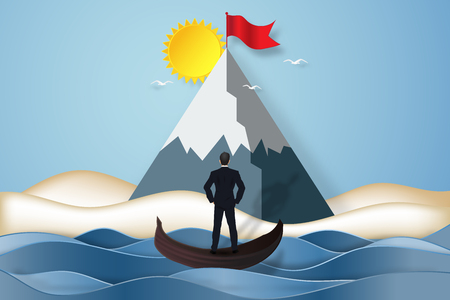 Businessman on the gondola boat and looking the red goal flag on peak mountain in the blue sky and clouds background as business, target, paper art and craft style concept. vector illustration.のイラスト素材