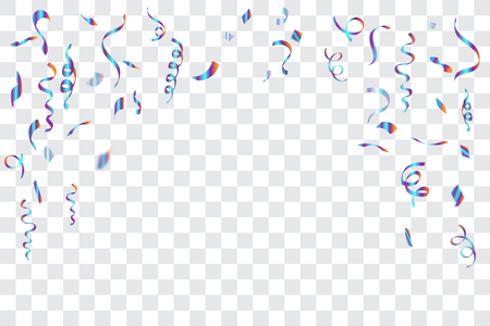 Confetti and Titanium rainbow ribbons celebration transparent background template concept. vector illustrationのイラスト素材