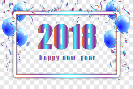 Confetti and Titanium rainbow ribbons and text 2018 celebration transparent background template concept. vector illustrationのイラスト素材