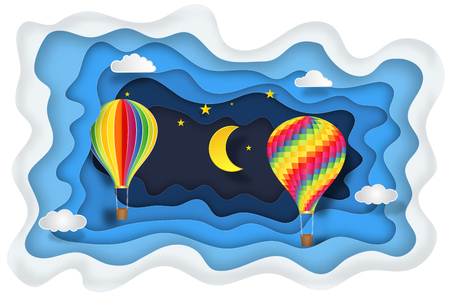 Hot air balloon in the night layer as business, trip, travel, paper art and craft style concept. vector illustrator.のイラスト素材