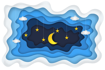 Night layer with star and moon in the night as nature, paper art and craft style concept. vector illustrator.のイラスト素材