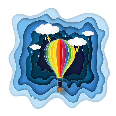 Businessman on the hot air balloon in the night layer as business, trip, travel, paper art and craft style concept. vector illustrator.のイラスト素材