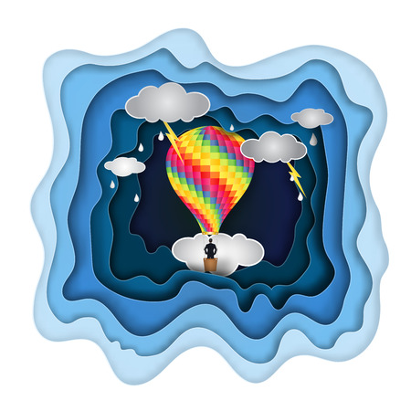 Businessman on the hot air balloon in the night layer as business, trip, travel, paper art and craft style concept. vector illustrator.のイラスト素材