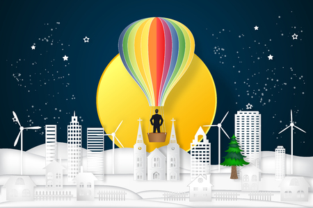 Businessman on the hot air balloon over night cityscape with big full moon as business, trip, travel, paper art and craft style concept. vector illustrator.のイラスト素材