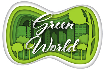 Carving design of city town with nature and Green World word as love the earth, ecology idea, Paper cut art and craft style concept. vector illustration.のイラスト素材