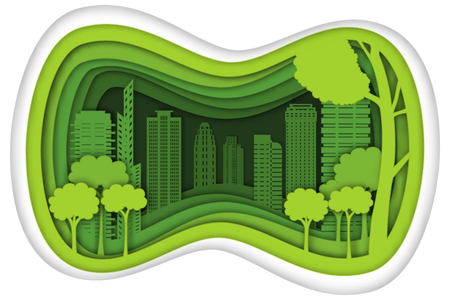 Carving design of city town with green nature as cityscape, ecology idea, Paper cut art and craft style concept. vector illustration.のイラスト素材