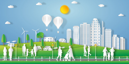 landscape of peoples exercise and relax in the morning city on summer, fresh air in the park as nature, healthy, paper art and craft style concept. vector illustrationのイラスト素材