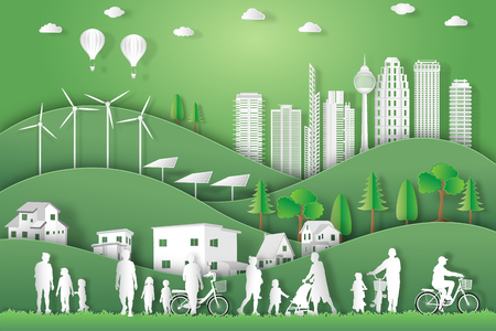 landscape of peoples exercise and relax with family in green nature, fresh air in the park as healthy , eco world environment day, paper art and craft style concept.のイラスト素材