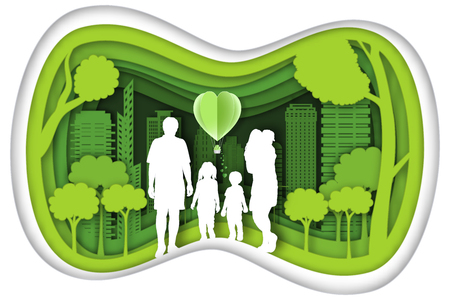 Carving design of city urban, father, mother, son and baby with green nature as happy family, quality of life, ecology idea, Paper cut art and craft style concept. vector illustration.のイラスト素材