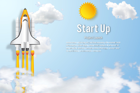 Rocket launch on the clouds and blue sky as paper art, craft style and business Startup project concept. flat design vector illustration.のイラスト素材