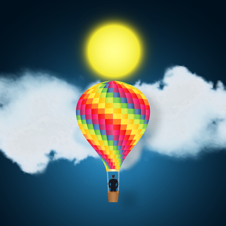 Businessman transport by hot air balloon and big full moon in the dark night background as business, target, goal, paper art and craft style concept. vector illustration.のイラスト素材