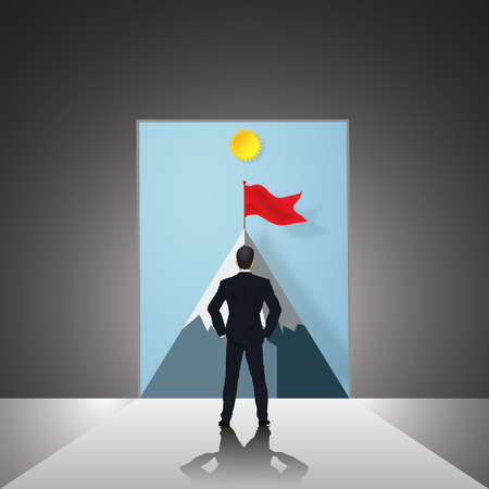 Businessman looking forward to opened door of chance, key hole and red flag on the peak mountain as business vision, future, direction, goal, success concept. vector illustration.のイラスト素材