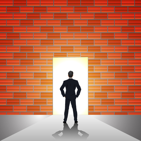 Businessman looking forward to opened door and brick wall of chance as business vision, solution , direction , goal, success concept. vector illustration.のイラスト素材
