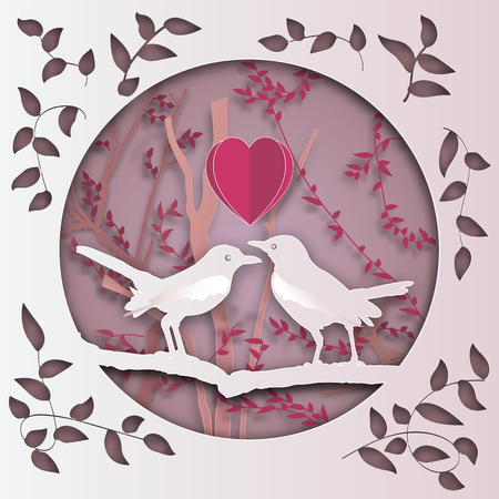 two bird with heart on tree branch in forest in the pink background as Paper art carve ,love, valentine, origami nature and animals idea concept, vector art and illustration.のイラスト素材