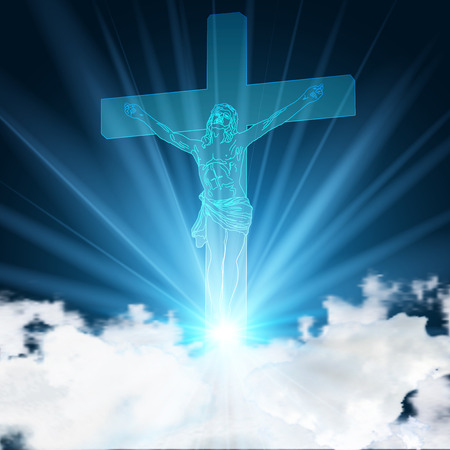 Glowing blue jesus pinned to crucifix on light blue sky and clouds as Christianity Church background concept, vector illustrationのイラスト素材
