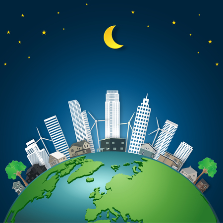 Modern buildings cityscape and houses on green world in the night as business, nature, eco and love earth day concept. vector illustration of paper art and craft style.のイラスト素材