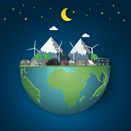Modern houses and mountain on hemisphere green world in the night as business, nature, eco and love earth day concept. vector illustration of paper art and craft style.のイラスト素材