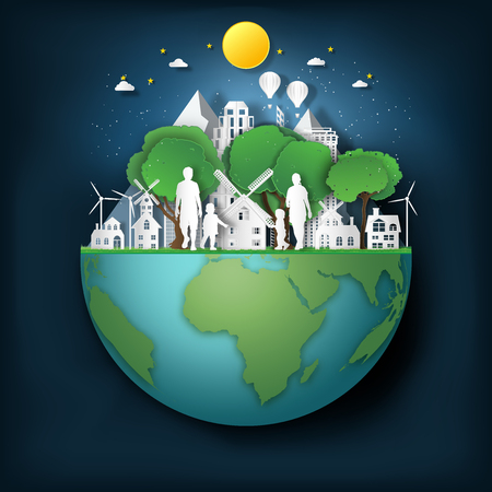 family love and relax in the night city on summer, fresh air in the park on the world as nature, healthy, paper art and craft style concept. vector illustrationのイラスト素材