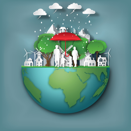 Landscape of green house with peoples relax protect rainy storm by red  in the park on the world as nature issue, healthy, paper art and craft style concept. vector illustration.のイラスト素材