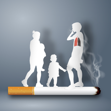 Cigarettes destroy the family as healthy, no smoking day world , craft style and paper art concept. vector illustrationのイラスト素材