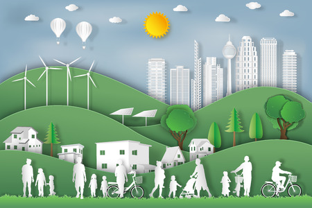 landscape of peoples exercise and relax in the morning city on summer, fresh air in the park as nature, healthy, paper art and craft style concept. vector illustrationのイラスト素材