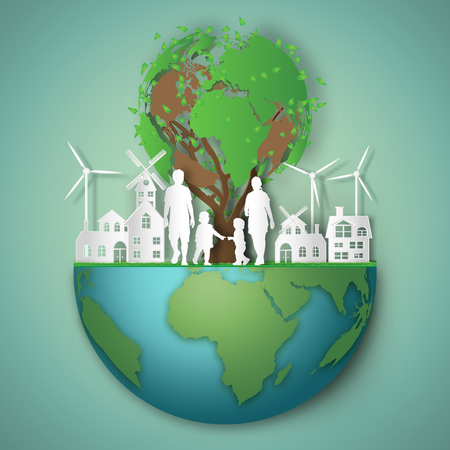 Happy family in the morning countryside house on summer, fresh air in the park on the world as nature, healthy, paper art and craft style concept. vector illustration.のイラスト素材